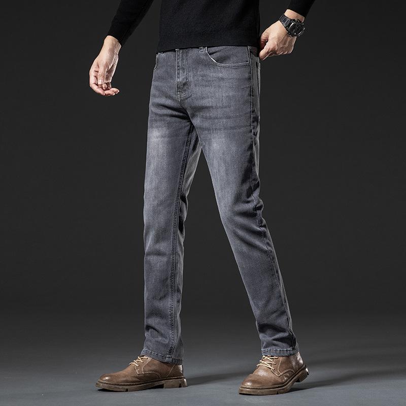 Straight-leg Jeans Autumn High-end Casual Versatile Trendy Brand Stretch Slim Straight-leg Jeans Men's Solid Color
