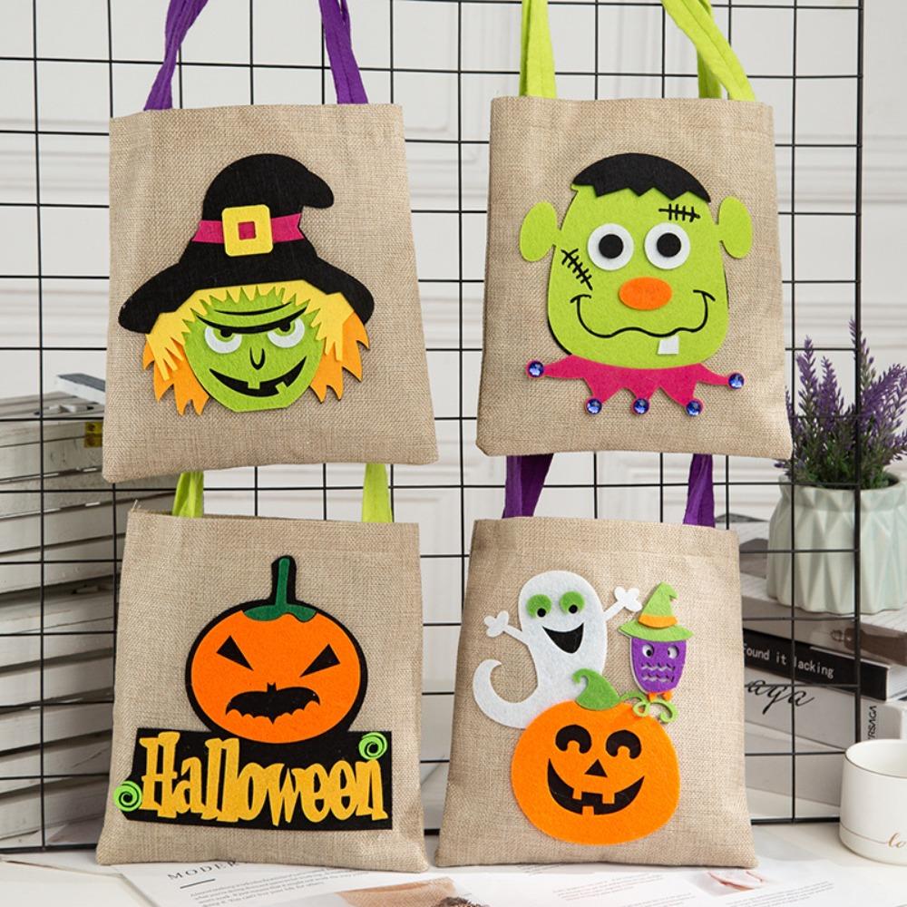 

Shining Halloween Candy Tote Bag Pumpkin Pattern Handbag Halloween Linen Candy Bag Ghost Festiva