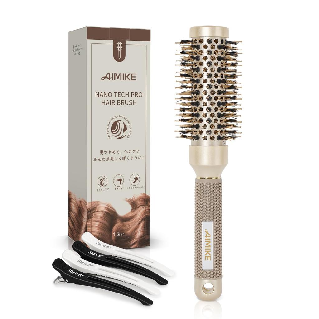 AIMIKE Medium Roll Reduces Curl Brush for Straightening Nano Ceramic Ion Round Adds Roll Curl Boar Bristle Nylon Round Hair Reduces and Leaves a Shiny