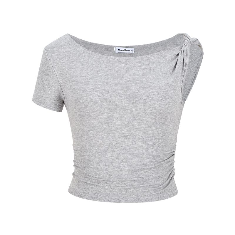 

Sweet Sexy off-the-Shoulder Short-Sleeved T-shirt Women s Summer Stylish Niche Style Slim Fit Midriff-Baring Short Ruched Oblique Shoulder Tops Grey S