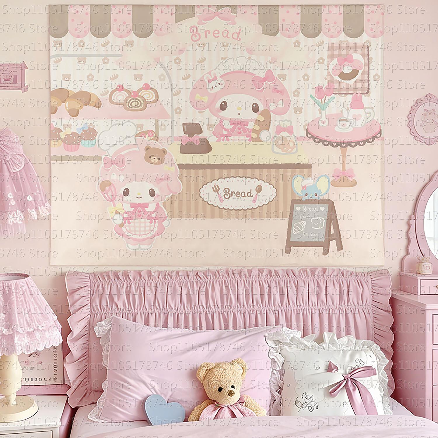 

Kawaii Anime hello Kitty Happy birthday Wall Hanging Tapestry Cute Fashion Bedroom Background Home Decor Original Tapestries 74x94cm(29x37in)