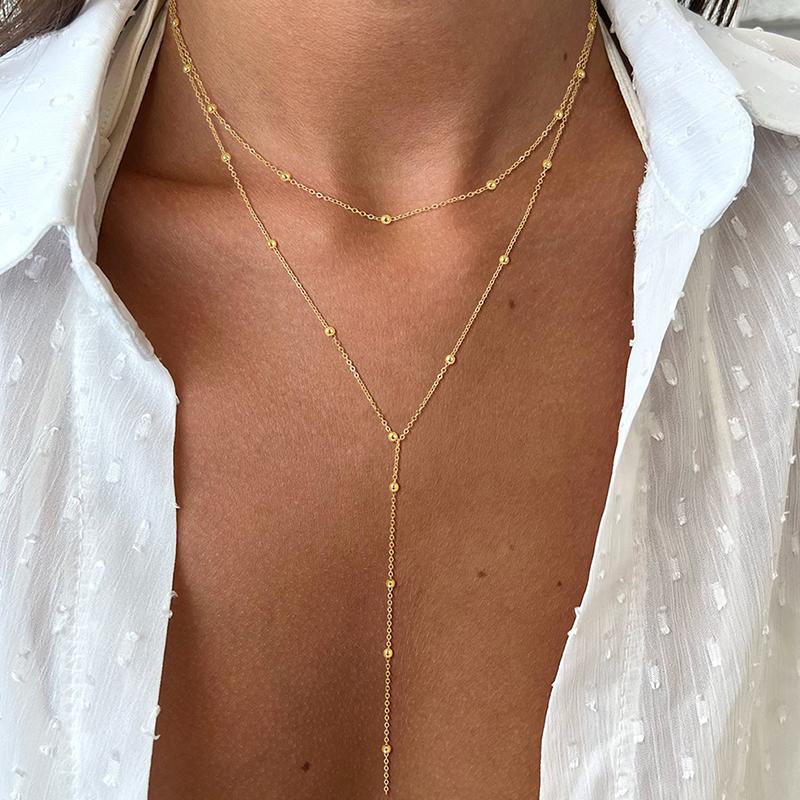 Dainty Long Necklace 14k Gold Plated Y-Shaped Pendant Necklace Trendy Layered Cz Beaded Necklaces Stainless Steel Jewelry