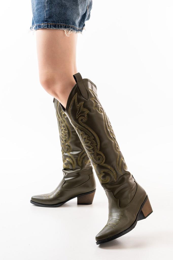 Women Modern Stylish Fashion Boots Faux Leather Suede Black Leather Embroidered Medieval Cowboy Long Boots