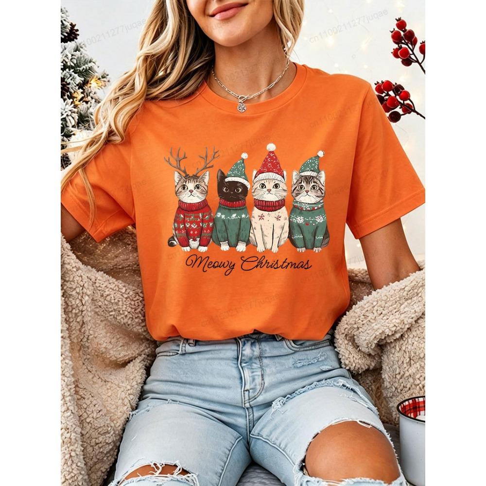 Women Christmas T‑Shirt Meowy Christmas Cute Cat Xmas Sweater Hat Reindeer Print Short Sleeve Casual Holiday Party Tee Tops Gift