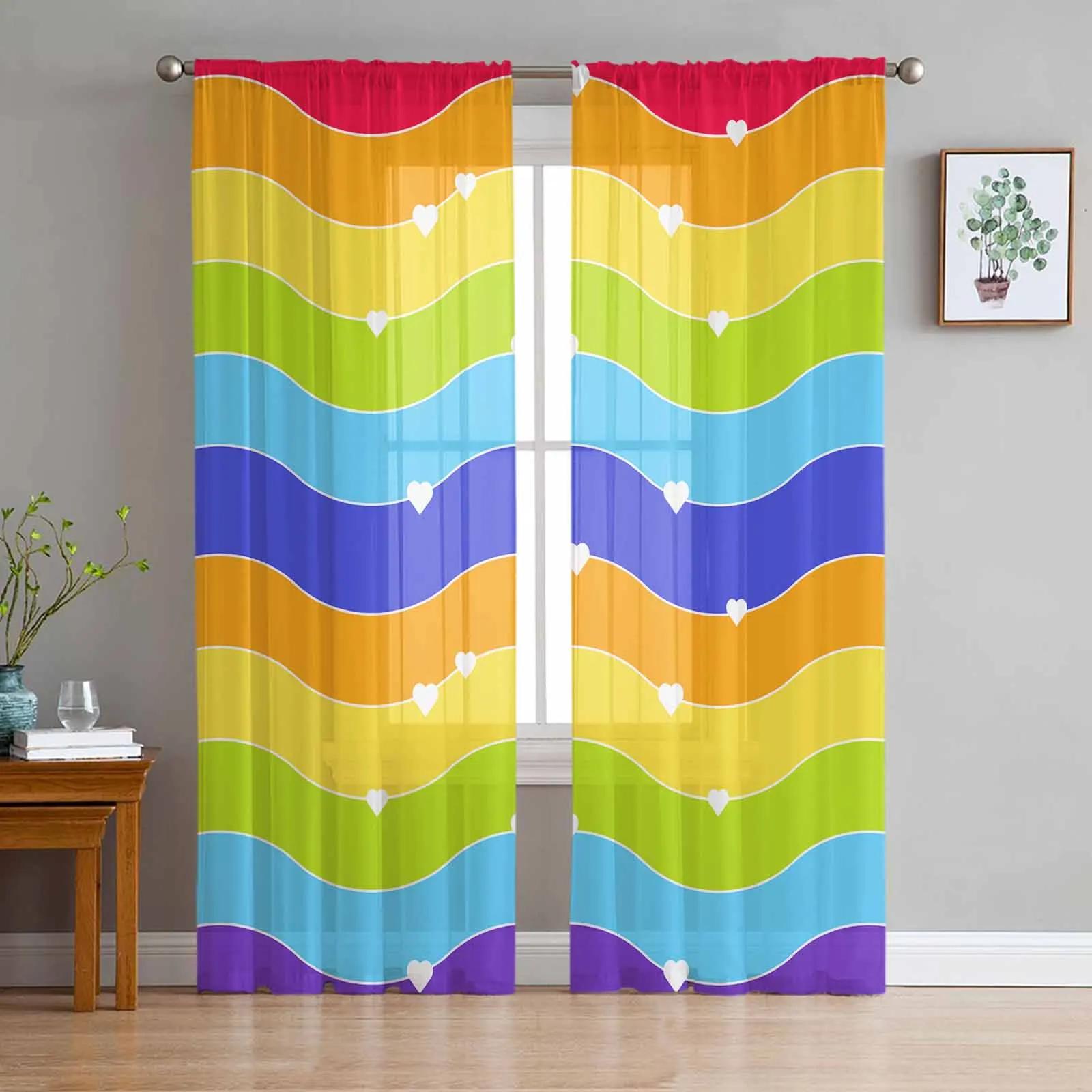 

Радужные разноцветные полосы прозрачные шторы для спальни украшение гостиной оконные шторы для кухни тюль вуаль органза шторы W135 x H115cm x1&Grommet Top