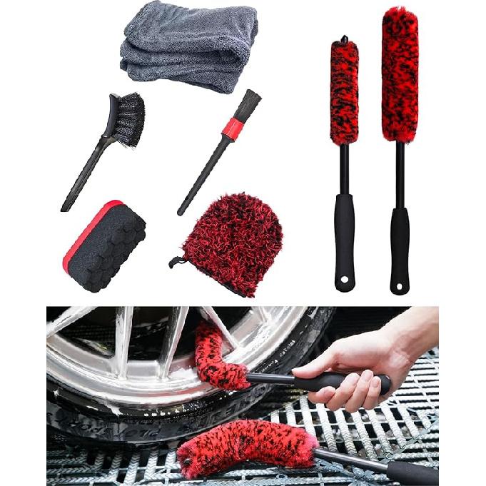 Professional 4 Pack Long Handle Wheel Brush Kit For Cleaning Wheel And Tire- 2X Soft Wheel Cleaning Brush, Detailing Brush And Stiff Tire Brush,
