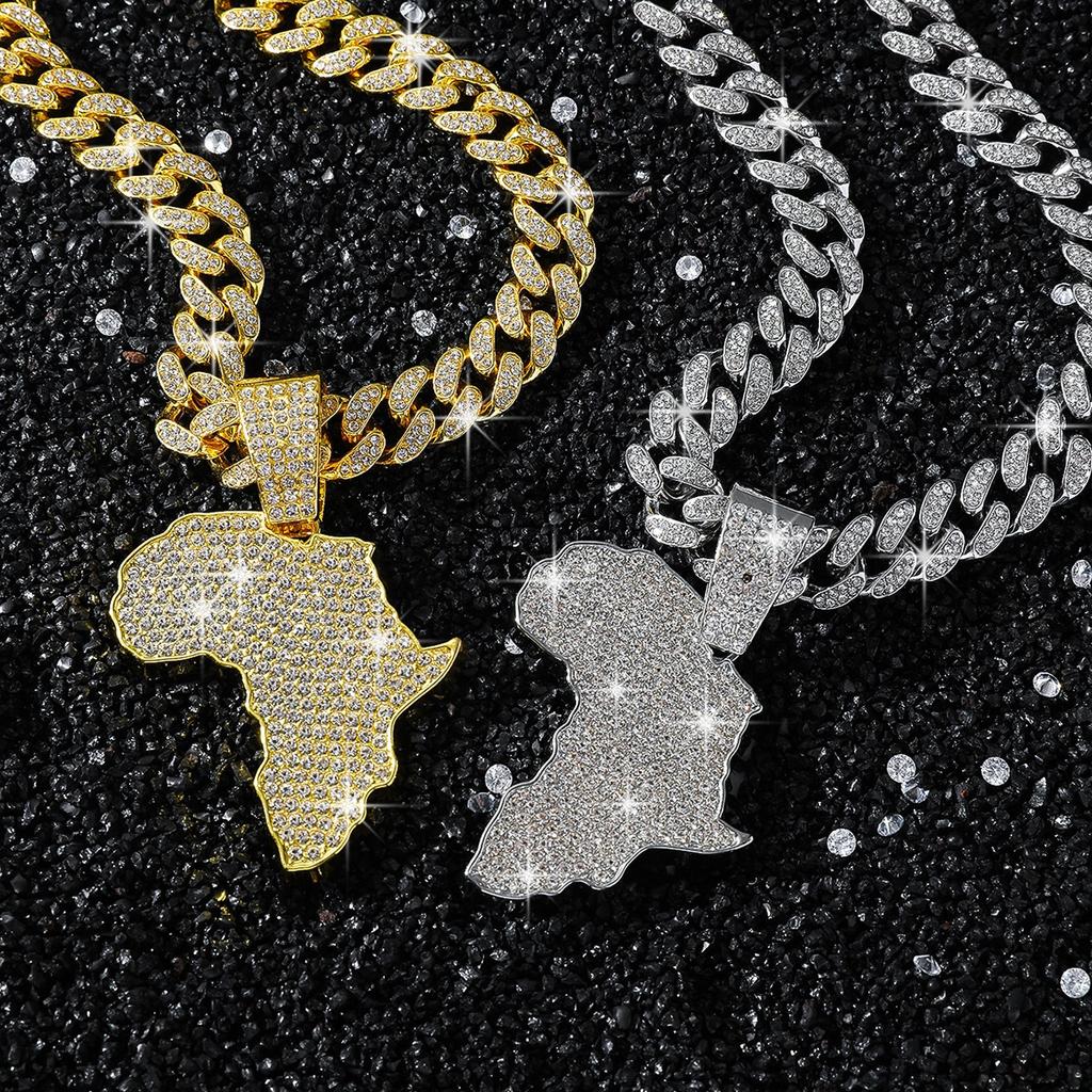 Iced Out Afrika Karten Anhänger Halskette Legierung Gold Plated Strass Cuban Link Kette Hip Hop Afrikanisches Erbe Street Charm Schmuck