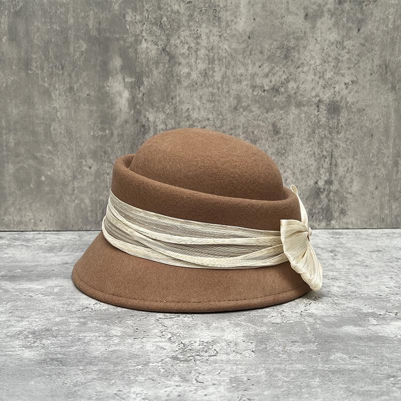 French Celebrity Retro Hepburn Style Silk Hemp Big Bow Woolen Basin Hat Female Convex Top Elegant Top Hat Autumn And Winter