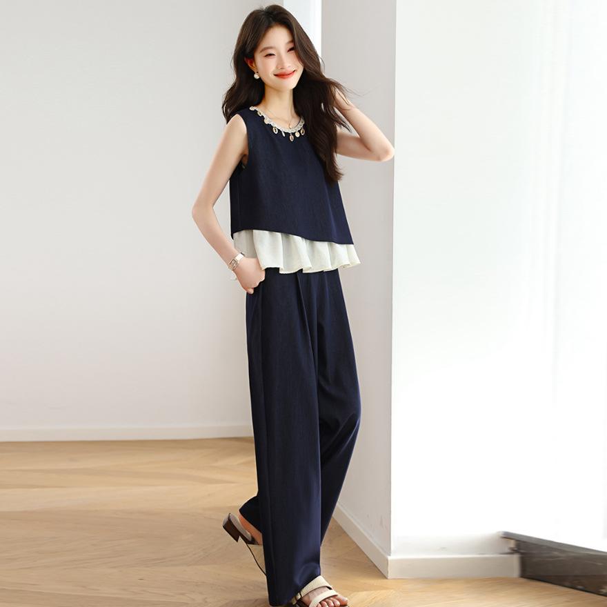 Fashion Slack Wearing Vest Suit Women's Summer New Splicing Sleeveless Top Wide-leg Pants Two-piece Set