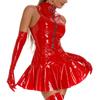 Womens Zipper Patent Leather Dress Wet Look Stand Collar Sleeveless Mini Dresses Party Clubwear
