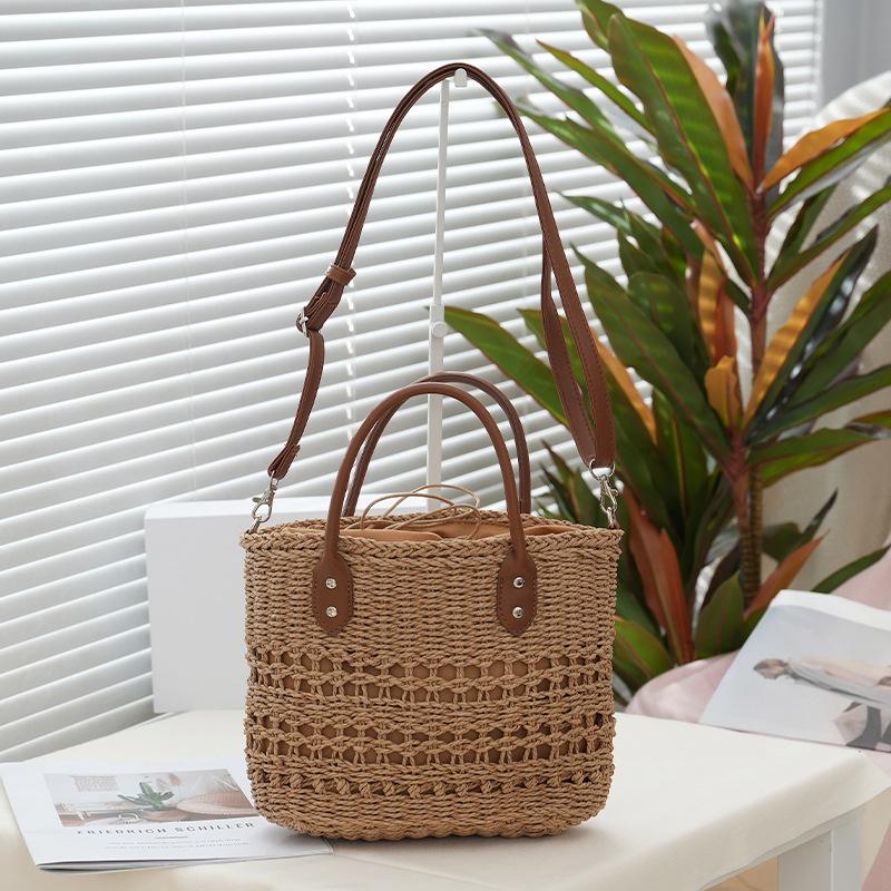 Woven Straw Tote Bag Hollow Out Shoulder Bag Women Beach Basket Purse Summer Handbag
