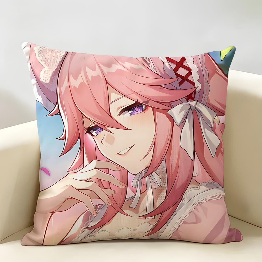 Yae Miko Genshin Impact Cushion Cover Natural Linen Organic Fabric DoubleSided Printing Room Sofa Decor Pillow Case