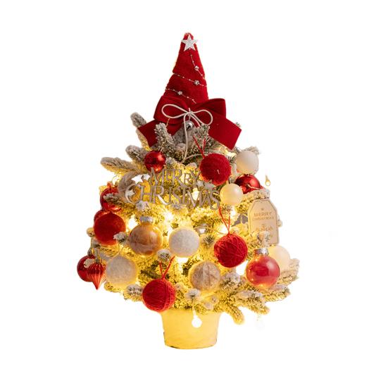 Mini Snow Flocked Christmas Tree Tabletop Artificial Christmas Tree with LED Lights Small Pine Tree with Balls And Bow for Desk Windowsill Decor