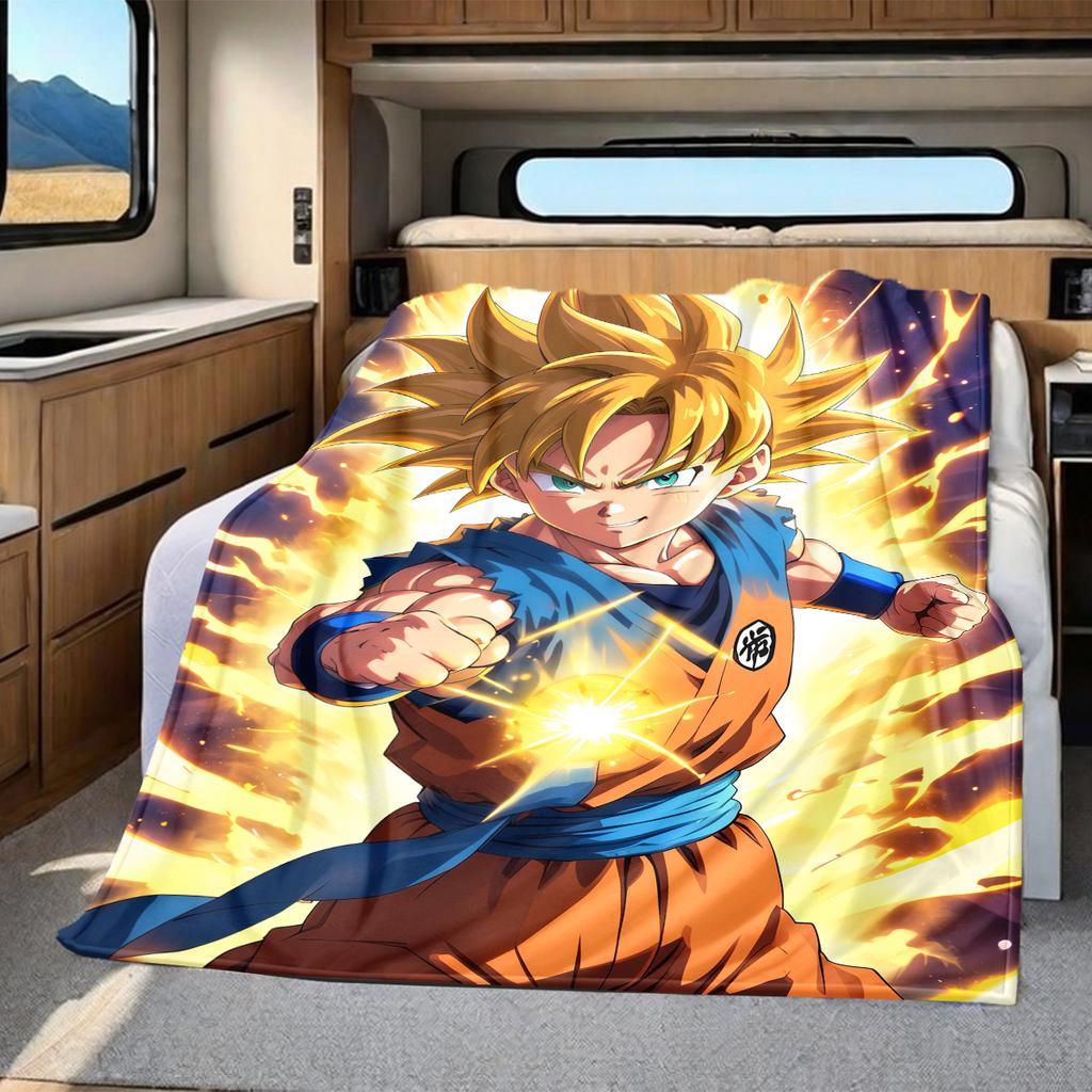 1 ks flanelová deka s potiskem Son Goku, Vysoce kvalitní pro všechna roční období, Domácí dekorace, Teplo a pohodlí, Perfektní jako vánoční dárky