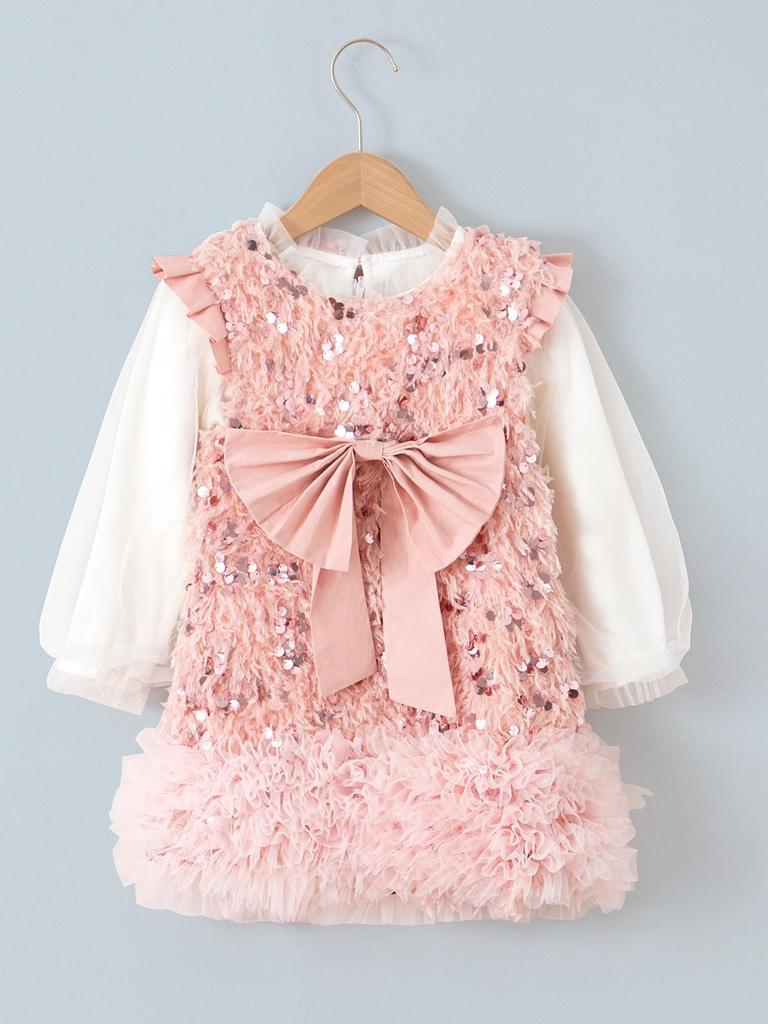 Baby Girl's Fluffy Sequin Bow Vest Dress - Korean Style Spring Party Princess Outfit