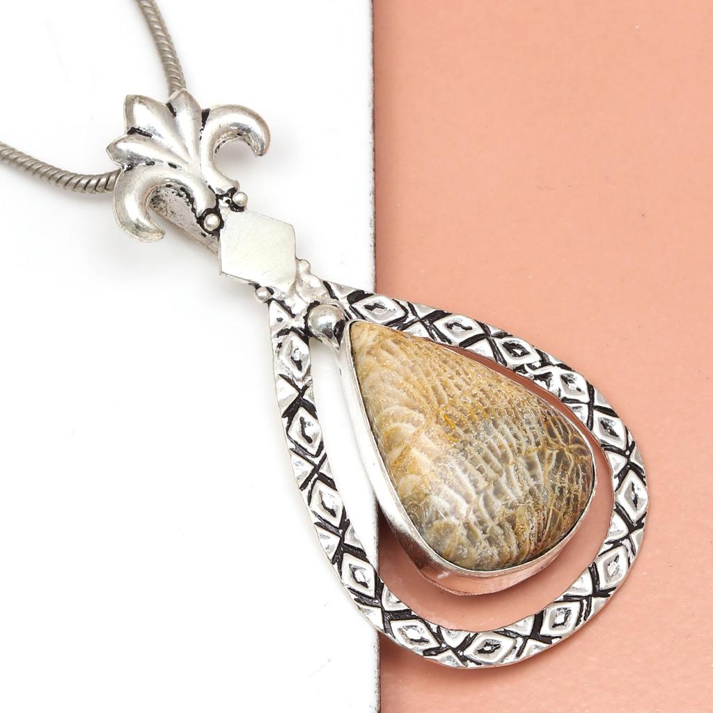 Necklace Fossil Gemstone Coral Gifted Jewelry 18" Handmade Natural