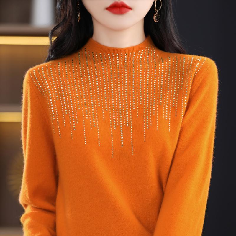 Women's Half Turtleneck Diamond Sweater, Qinghe Cashmere, 30% Cashmere 70% Wool, Winter Knitted Pullover Autumn Sweater Cashmere Sweater