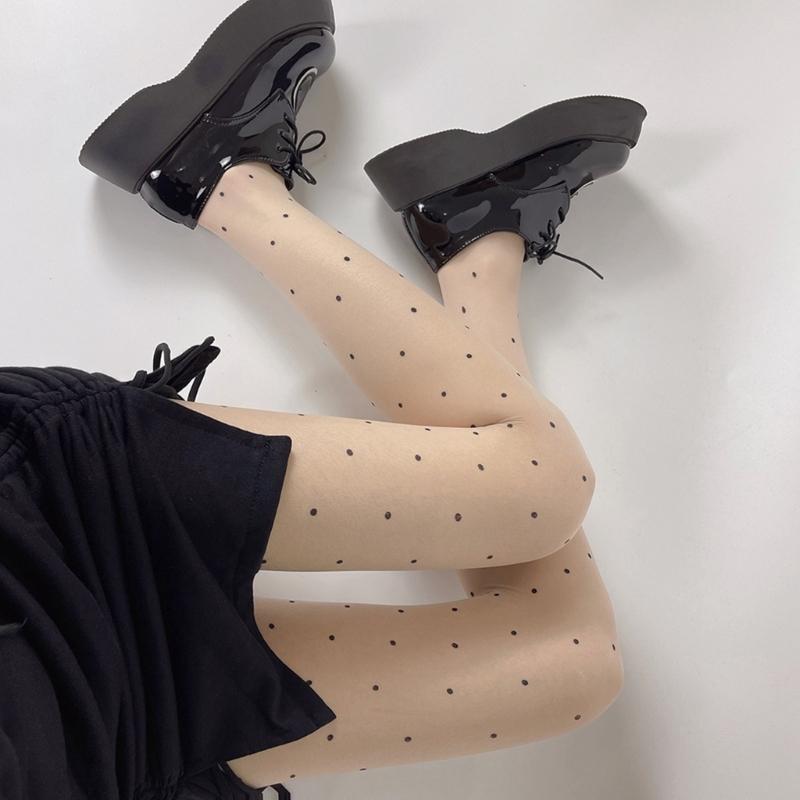 Women Sexy Ultra-Thin Sheer Silky Tights Japanese Sweet Bowknot Polka Dot Heart Printed See Through Pantyhose Stockings