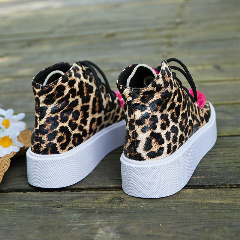 Large Size Spliced High Top Sports Shoes with Flat Heels and Leopard Print Casual Shoes