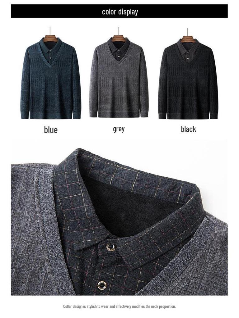 Dad's Winter Warm Chenille Knitwear: Men's Fleece-Lined Two-Piece Sweater with Thick Shirt Collar for Autumn/Winter.