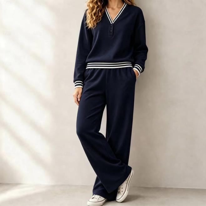 Women's V-Neck Striped Sweatshirt and Pants Set, Loose Casual Two-Piece Outfit for Everyday Wear