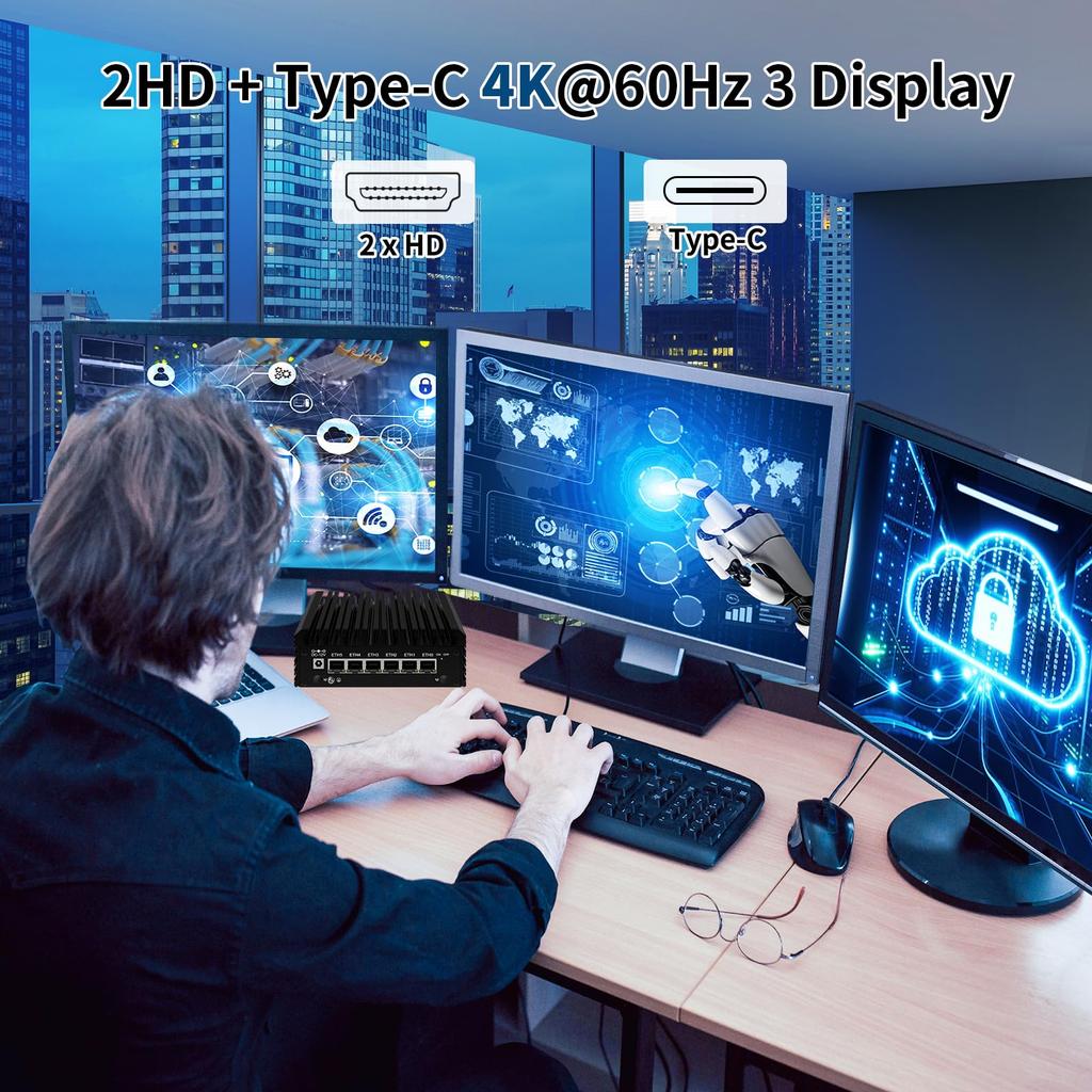 AIOPCWA Mini PC Intel N150 from Firewall Micro Appliance Fanless Mini DDR5 8GB 128GB 2 Triple TF (Upgraded N100), PC, 6-Port i226-V 2.5Gbps LAN,