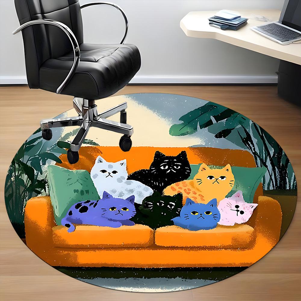 1PC Cat Family Office Round Area Rug,  Mat Suitable ForOffice, Under Office Chairs Bedroom Living Room Home Decor, Room Deco
