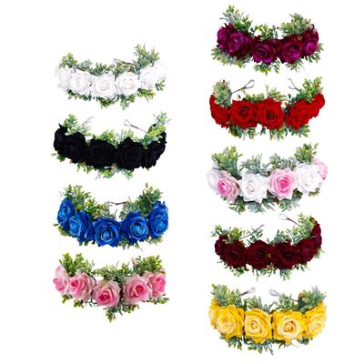 Adjustable Floral Garland Handmade Rose Flower Wreath Headband with Ribbon for Wedding Festival Travelling Photo Props