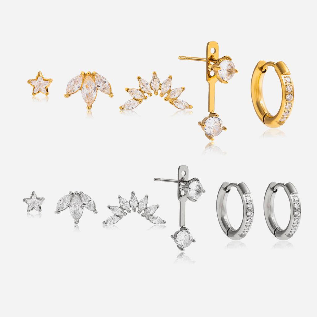 Stainless Steel Gold Plated Hoop Stud Earrings Sets with Zircon Star Leaf Shapes for Women Hypoallergenic Jewelry
