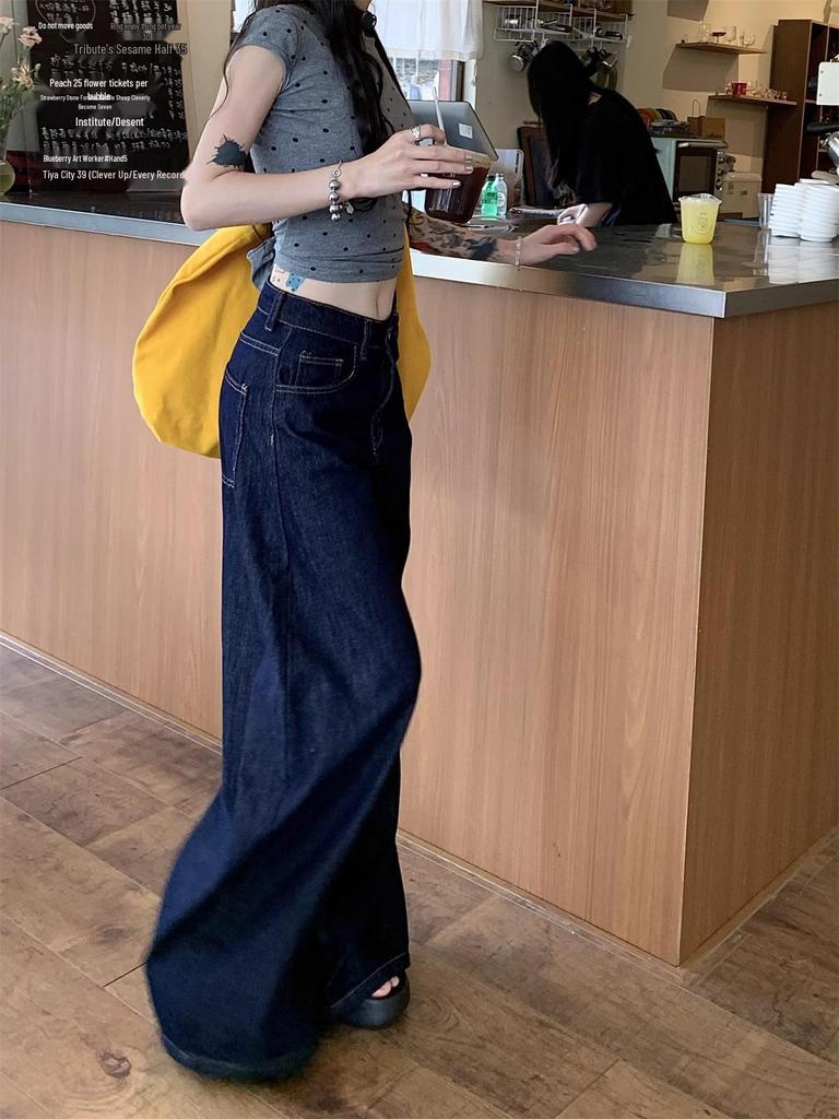 Autumn 2024: Women's Retro Dark Blue Wide-Leg Floor-Length Jeans