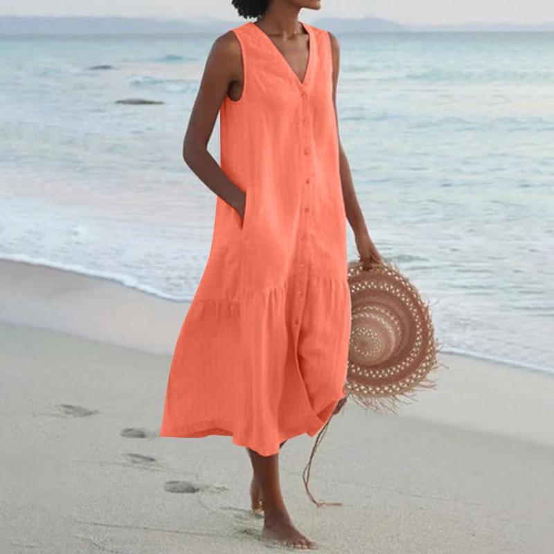 

Summer solid color cotton suspender type temperament commuter trend long dress loose waist V-neck pink dress 3XL помаранчевий
