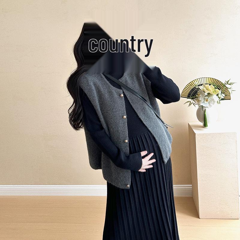 Maternity Fashion Autumn/Winter Loose Fit Pleated Wool Vest Dress Set 2XL