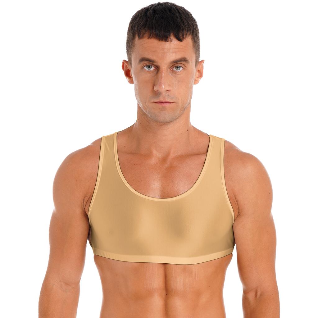 Mens Glossy Vest Cropped Tank Top Sleeveless Design Round Neck Solid Color Swimwear Nightwear Tops