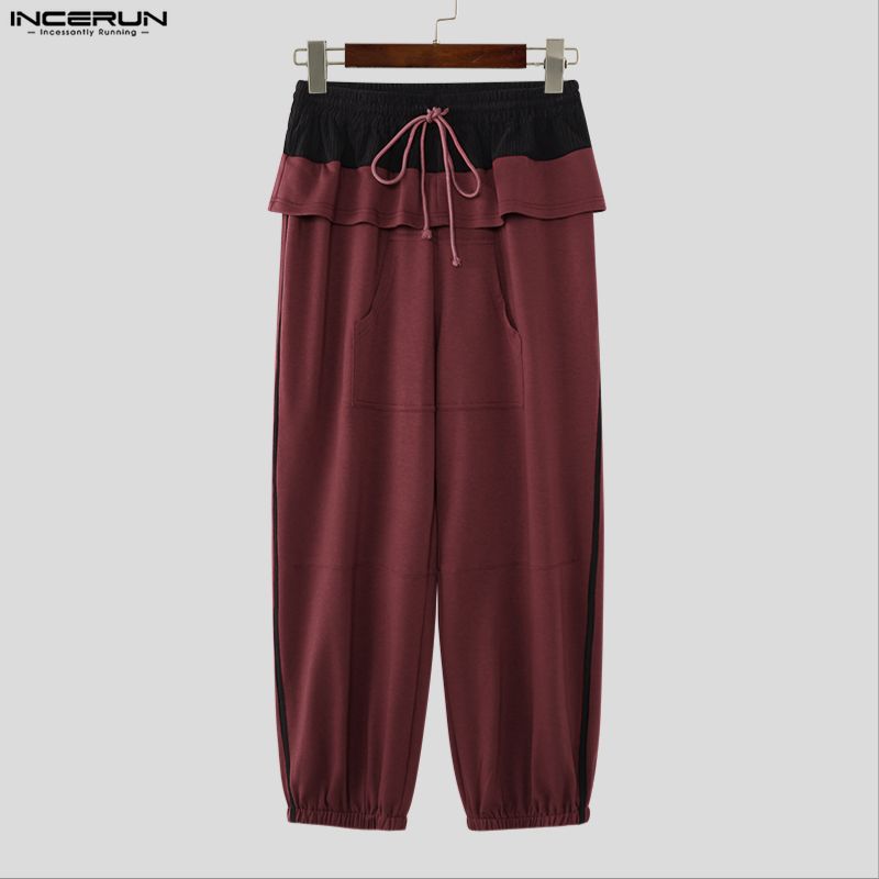 INCERUN Men Ruffled Elastic Waist Casual Long Sports Pants Trousers