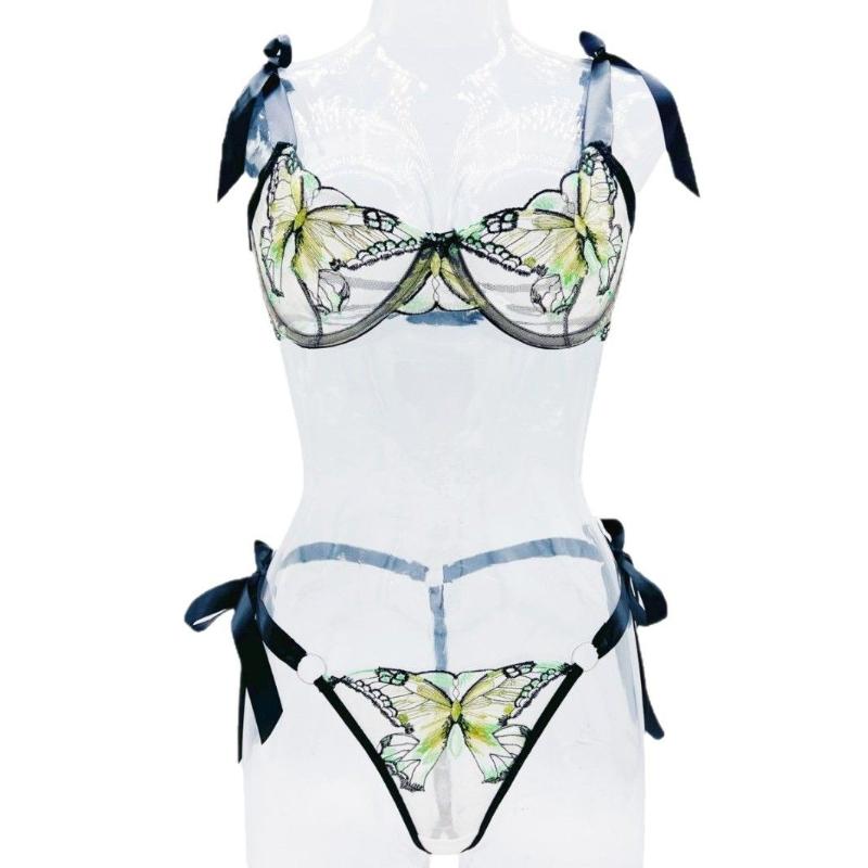 Women'S Sexy Butterfly Embroidery Sheer Mesh Lingerie Set See Through Temptation Bra Panty Outfit Shelf Bra