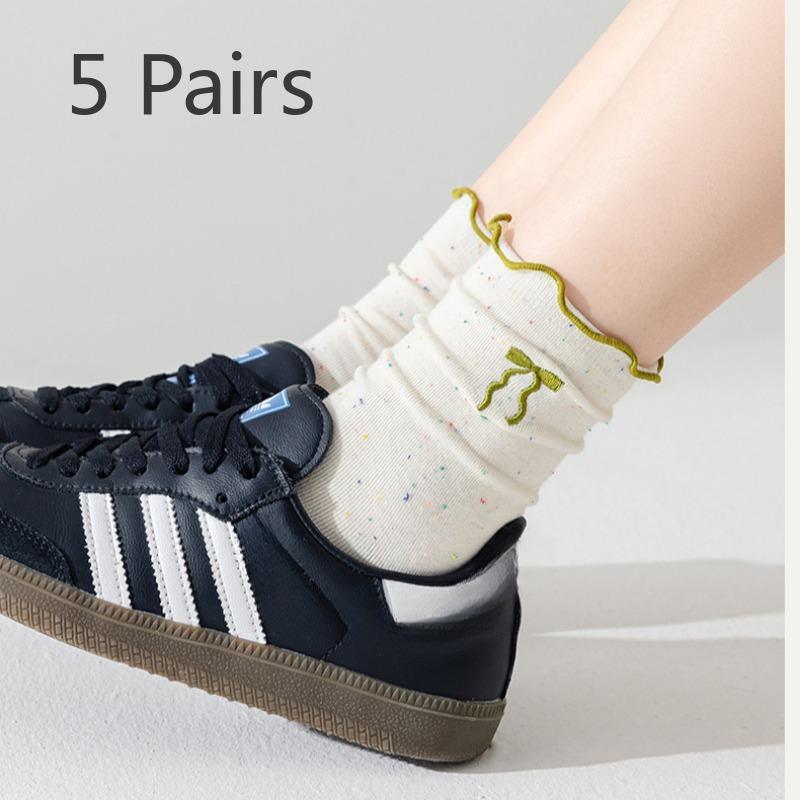 

5 пар женских весенне-осенних хлопковых милых носков-трубок с кружевом и бантом 5 Pairs темно-зеленого