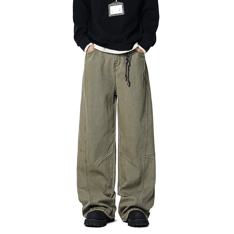 51 Hip-Hop Scimitar Jeans with Thick Fleece for Men and Women, Winter American-Style Trendy Brand, Retro Loose Spliced Wide-Leg Long Pants