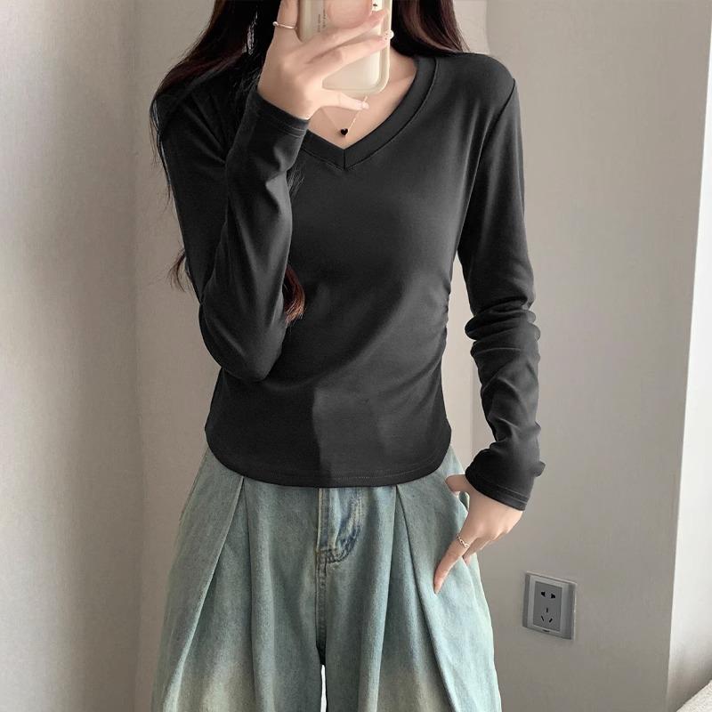 Korean v-neck slim design niche long-sleeved T-shirt for women spring and autumn irregular hem waist short hot girl top
