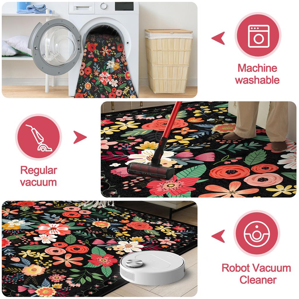 153X214CM Washable Rug Boho Floral Area Rug Non Slip Soft Carpet Low Pile Indoor Floor Carpet for Bedroom Office Dining Room