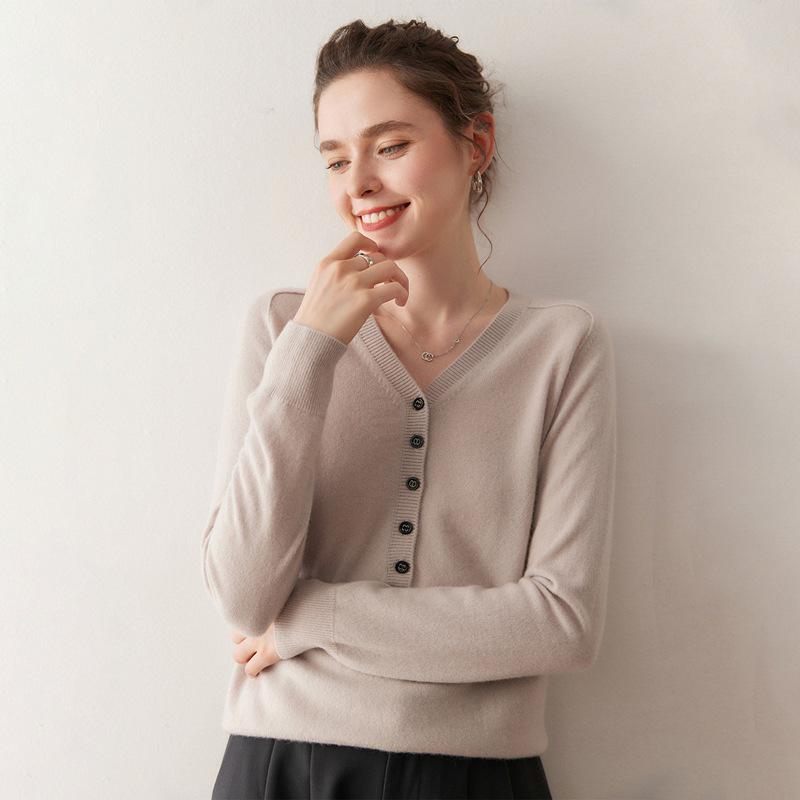 New Arrival: Women's V-neck Cashmere Cardigan - Loose Fit, Solid Color, Saddle Shoulder, Half-Open Button Design for Autumn/Winter.