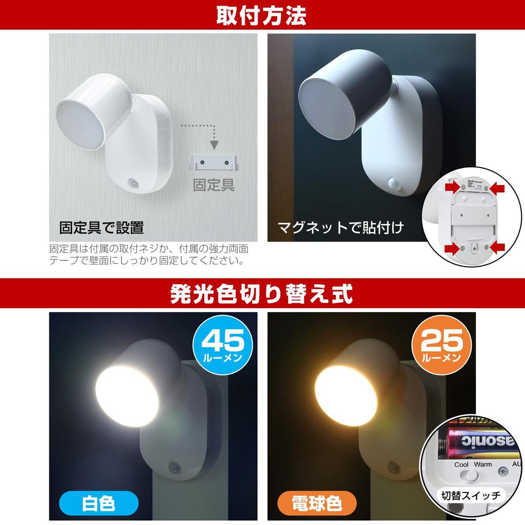 ELPA LED Sensor Light (WhiteWaterproof) with Motion Sensor, Magnet, Screw Mount, and Mode Switching (PM-L751W)