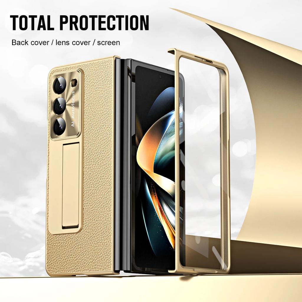 Plating Litchi PU Leather Glass Front Film with Pen Phone Case for Samsung Galaxy Z Fold 7 6 5 4 3 Hinge Protection Cover