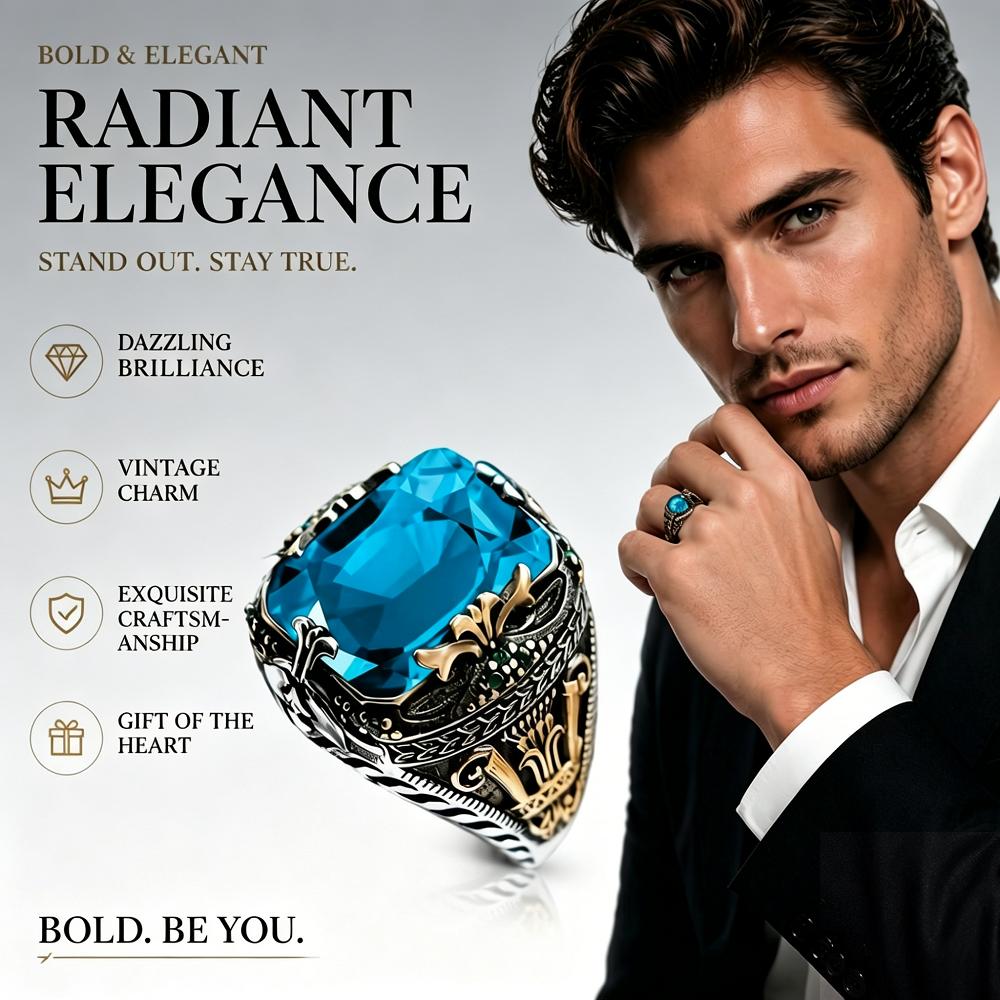 Vintage Men's Ring Stainless Steel Retro Castle Pattern Finger Ring Colorful Artificial Crystal Gemstone Statement Ring for Men