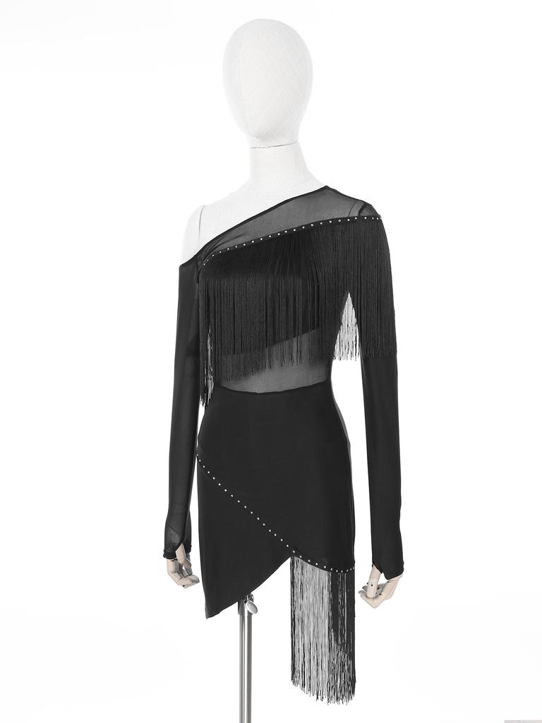 Womens Tango Dance Dress Oblique Shoulder Fringed Design with Sheer Mesh Patchwork and Irregular Hem Latin Costume