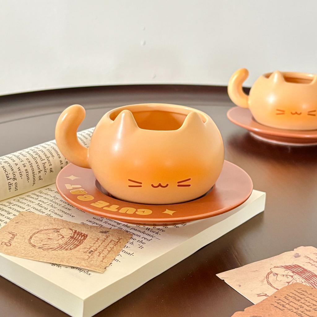 Cartoon Cat Shape Ceramic Coffee Cup Cute Cute Latte Cup Breakfast Milk Cup Coffee Cup Saucer Set