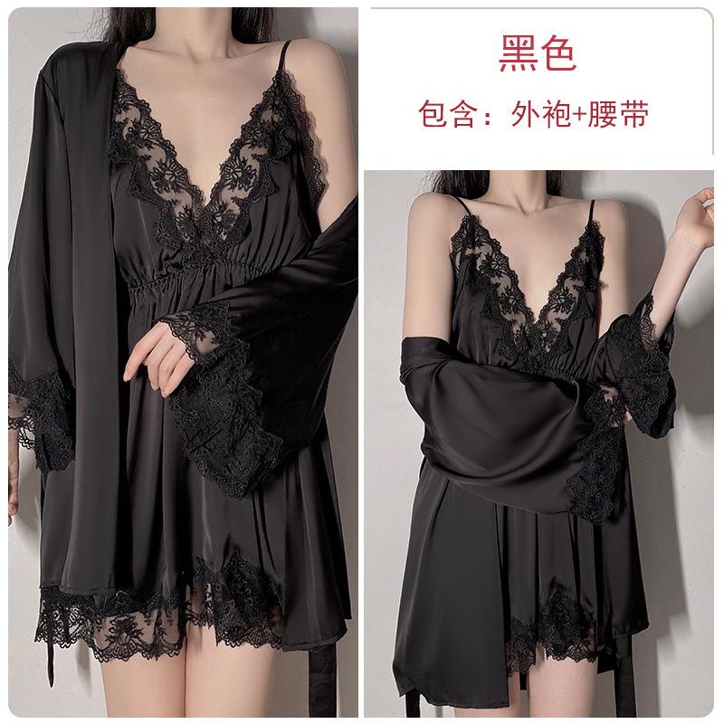 Bridal Morning Gown Sexy Satin Lace Suspender Nightdress Women's Long-sleeved Lace-up Nightgown Loungewear Set