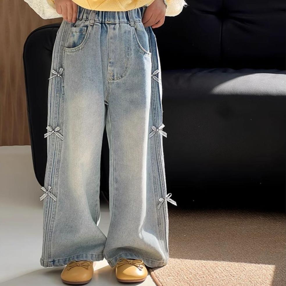 

Брюки для девочек Детские джинсы Свободные брюки с широкими штанинами Корейские повседневные джинсы 150