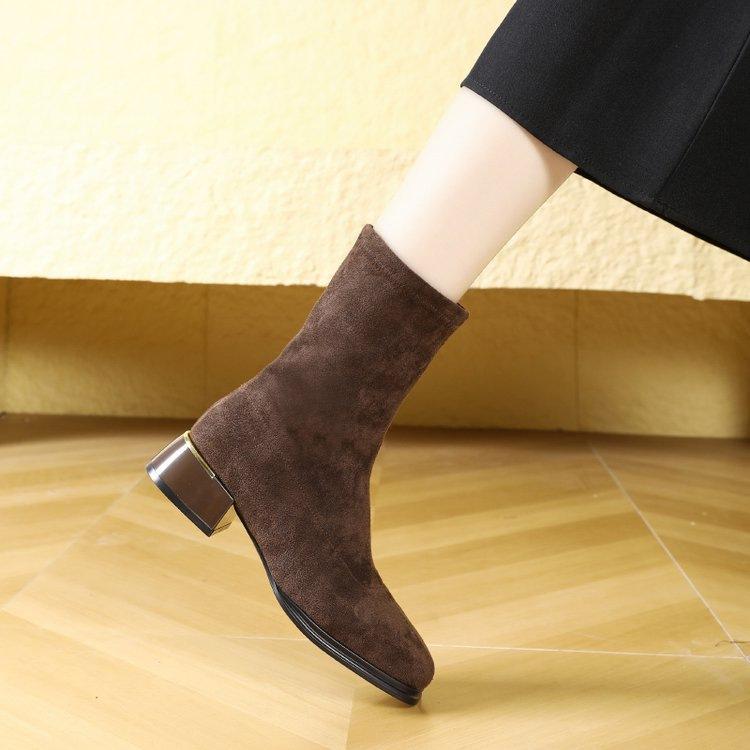 Low Heel Short Boots Black Skinny Boots New Autumn and Winter Square Head Back Zipper Suede Elastic Boots