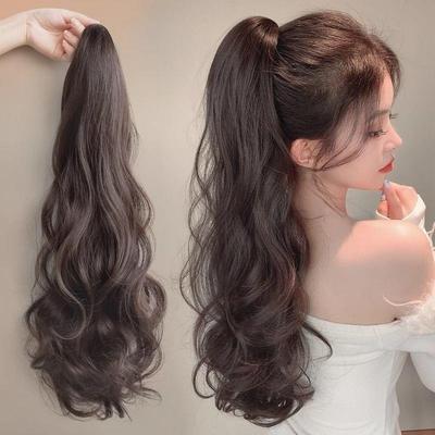 Damen-Langhaar-Locken-Clip-in-Pferdeschwanz-Perücke - Leichte große Wellen, Pfingstrosenblüten-Stil