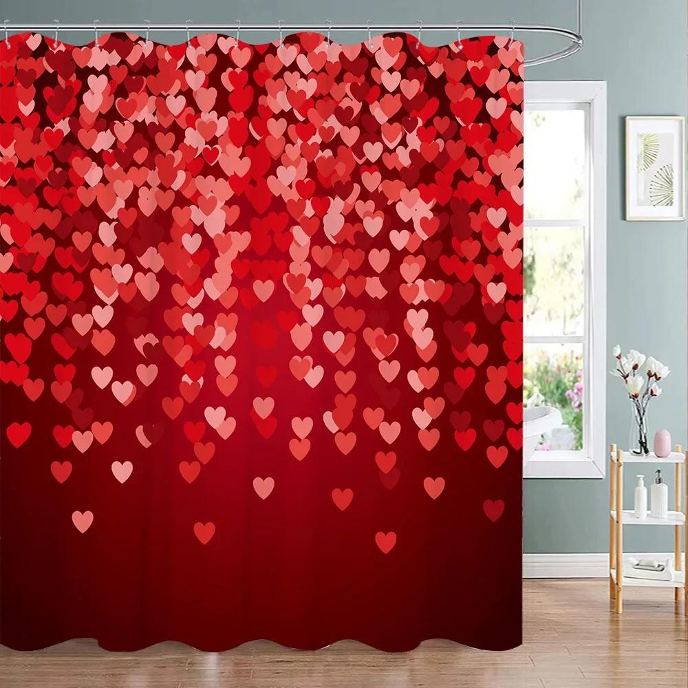 Valentine's Day Red Rose Shower Curtain Pink Red Love Tree Flower Polyester Fabric Washable Hanging Curtains Bathroom Decoration